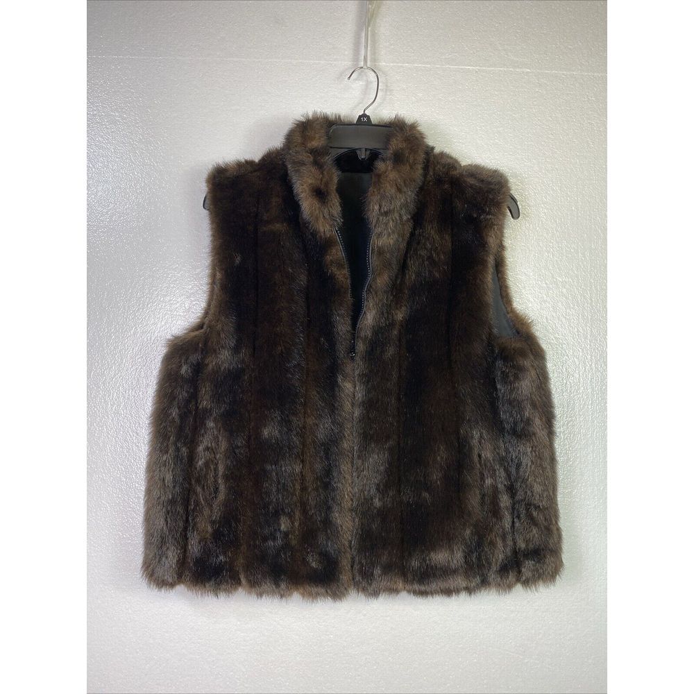 Giacca Gallery Brown Faux Fur Vest‎ Womens Sz L Reversible Zip Up Designer